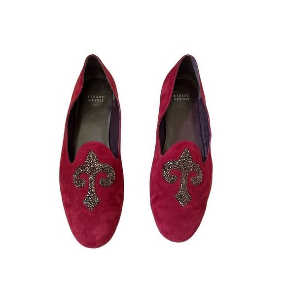 Stuart Weitzman Lys Scarlet Suede Fleur De Lis Red Flats Loafers sz 9.5 - Picture 1 of 10